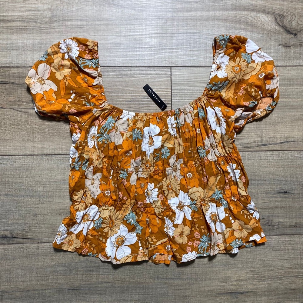 Miss Lili Juniors Floral‎ Cinched Crop Top Size XL Burnt Caramel White Orange